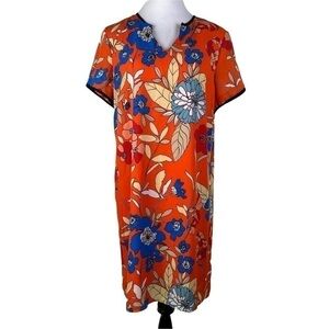Danillo Boutique Orange Blue Floral Tropical V-Neck Dress Women's 16 Shift Lined